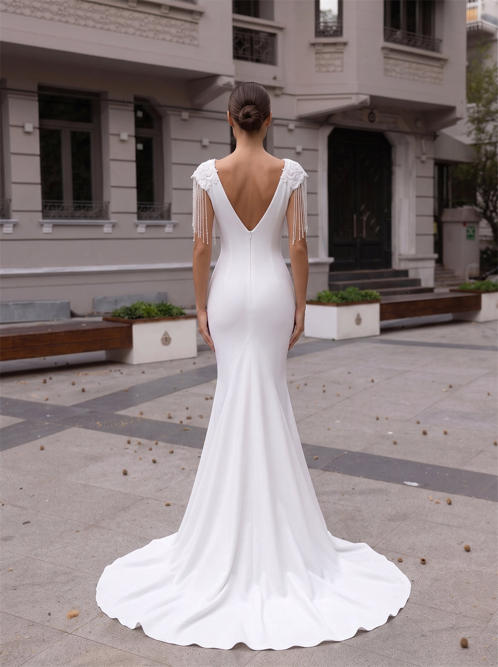 Bateau Neck Fringe Beaded Cap Sleeve Satin Mermaid Wedding Dress Deep V Back Bridal Gown