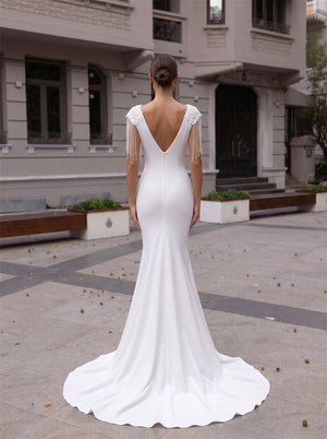 Bateau Neck Fringe Beaded Cap Sleeve Satin Mermaid Wedding Dress Deep V Back Bridal Gown
