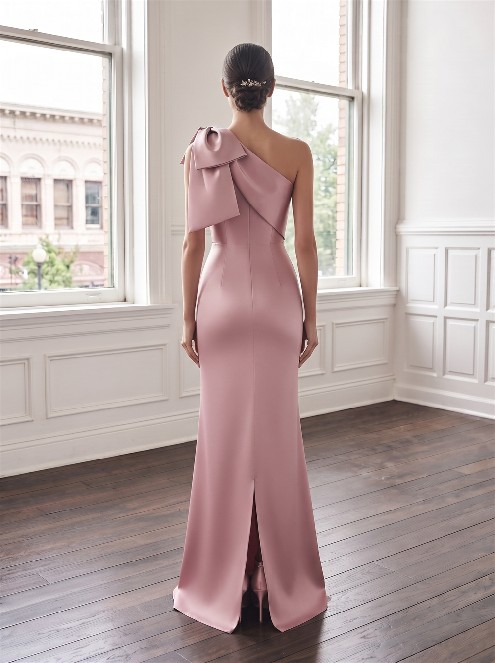 One Shoulder Big Bow Mermaid Satin Bridesmaid Dress Back Slit Dusty Mauve Pink Formal Wedding Guest Evening Gown
