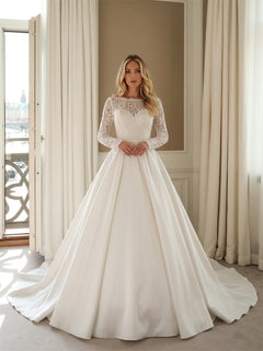 Wedding Dress Elegant Classic Satin Wedding Dress With Full Floral Lace Long Sleeves & Illusion V Back