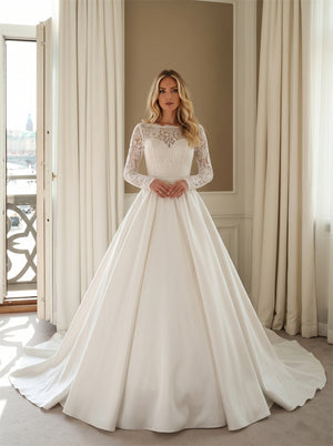 Wedding Dress Elegant Classic Satin Wedding Dress With Full Floral Lace Long Sleeves & Illusion V Back
