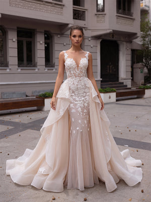 Detachable Overskirt Mermaid Champagne Tulle Wedding Dress Sleeveless Deep V Floral Lace Illusion Back Pearl Button Bridal Gown