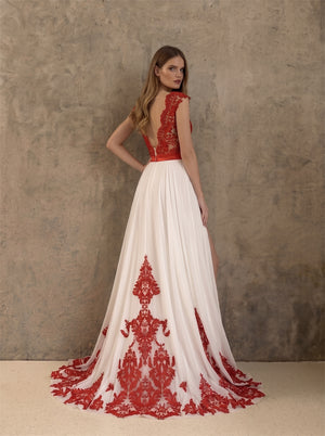 V Neck Cap Sleeve Red Floral Lace High Slit Soft Tulle Wedding Dress Bridal Dress