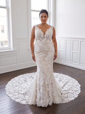 Plus Size Full Lace Mermaid Wedding Dress Sleeveless Plunge V Neck Deep V Sheer Illusion Back Oversized Lace Bridal Gown