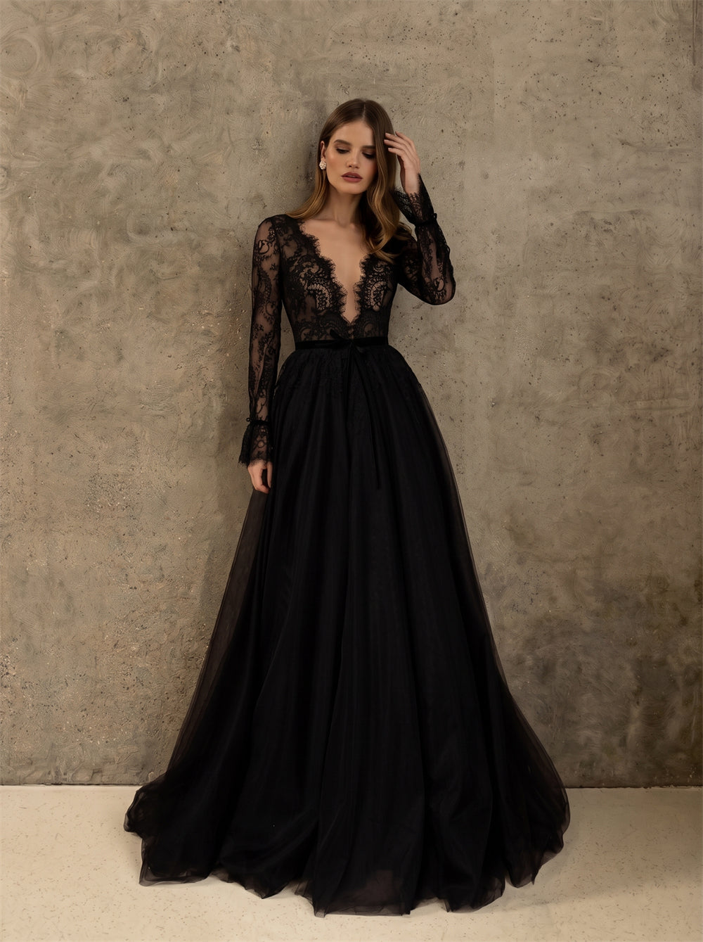 Black Gothic Tulle Wedding Dress With Full Floral Lace Long Sleeves & Lace-Up Keyhole Back