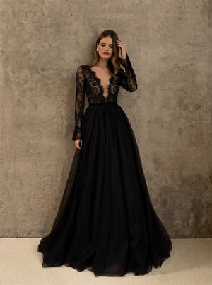 Black Gothic Tulle Wedding Dress With Full Floral Lace Long Sleeves & Lace-Up Keyhole Back