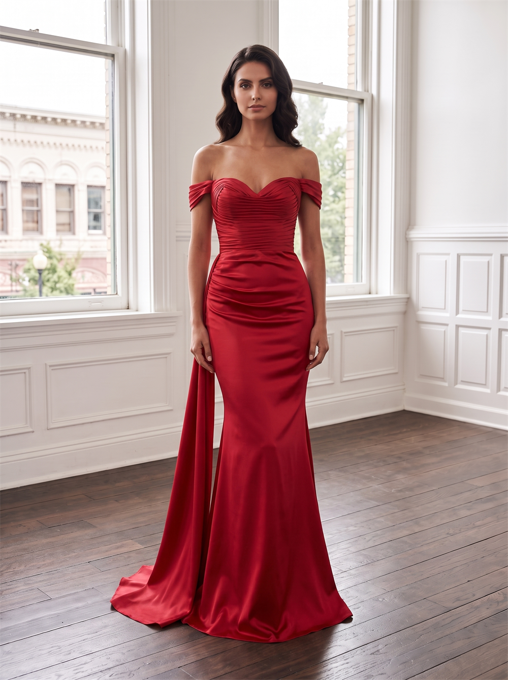 Off The Shoulder Ruched Sweetheart Red Satin Mermaid Bridesmaid Dress Side Drape Train Formal Wedding Guest Evening Gown
