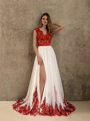 V Neck Cap Sleeve Red Floral Lace High Slit Soft Tulle Wedding Dress Bridal Dress