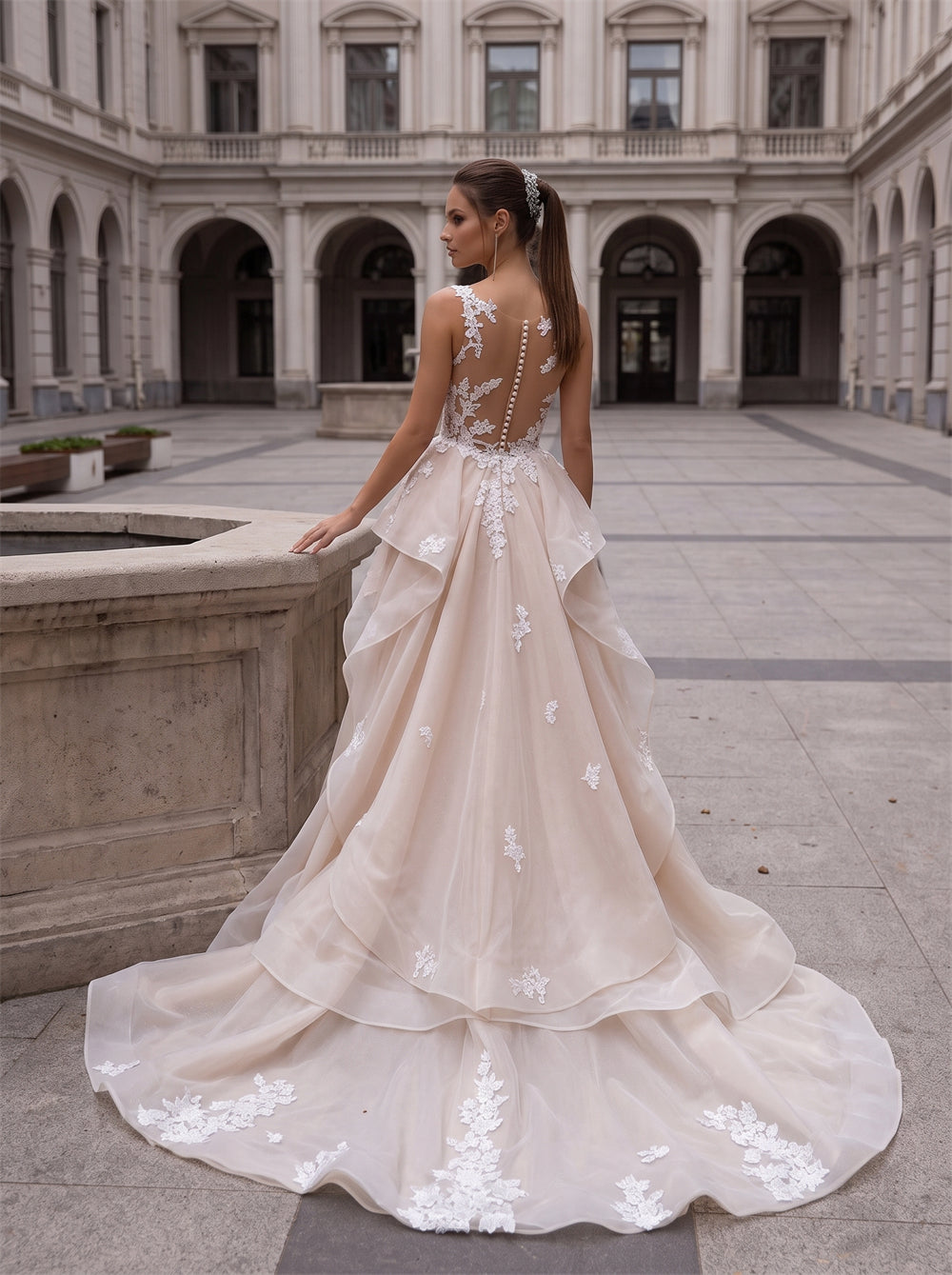 Detachable Overskirt Mermaid Champagne Tulle Wedding Dress Sleeveless Deep V Floral Lace Illusion Back Pearl Button Bridal Gown