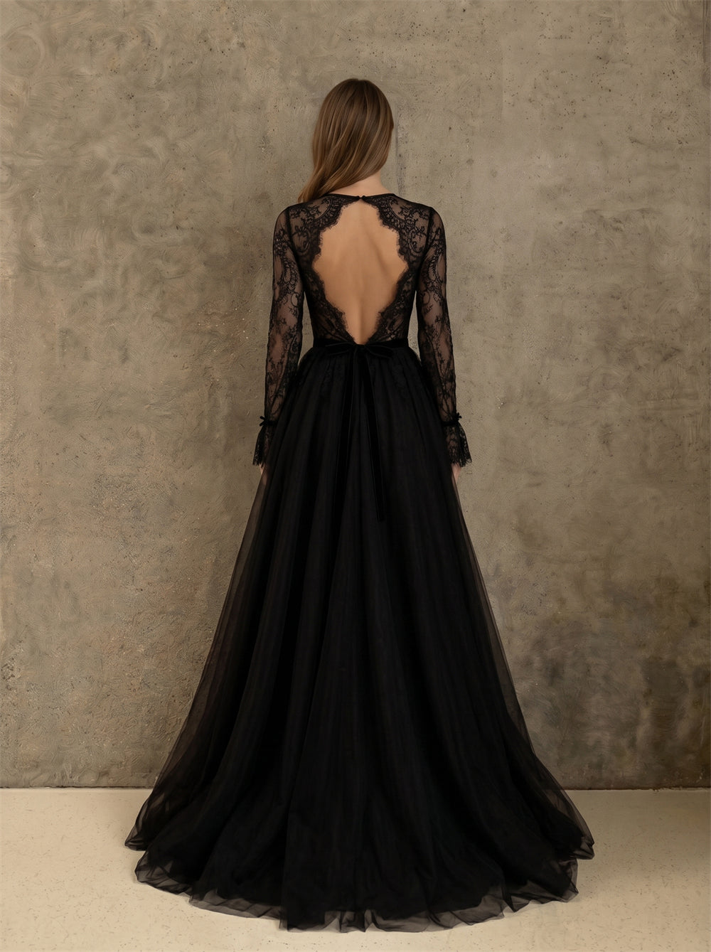 Black Gothic Tulle Wedding Dress With Full Floral Lace Long Sleeves & Lace-Up Keyhole Back