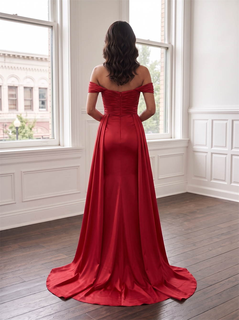 Off The Shoulder Ruched Sweetheart Red Satin Mermaid Bridesmaid Dress Side Drape Train Formal Wedding Guest Evening Gown