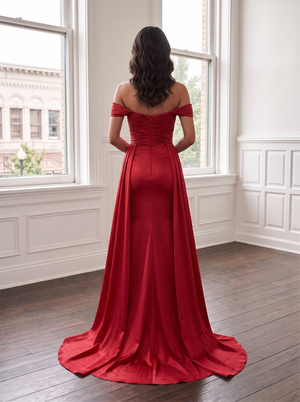 Off The Shoulder Ruched Sweetheart Red Satin Mermaid Bridesmaid Dress Side Drape Train Formal Wedding Guest Evening Gown