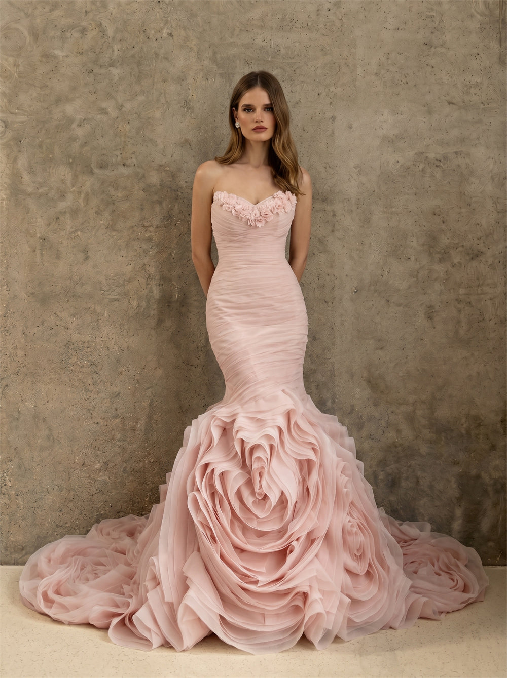 Strapless 3D Rose Floral Ruffle Tulle Mermaid Wedding Dress Bridal Dress