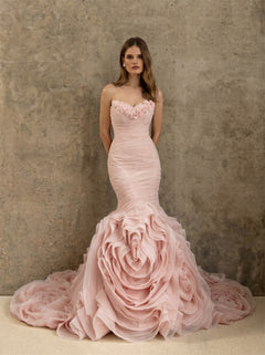 Strapless 3D Rose Floral Ruffle Tulle Mermaid Wedding Dress Bridal Dress