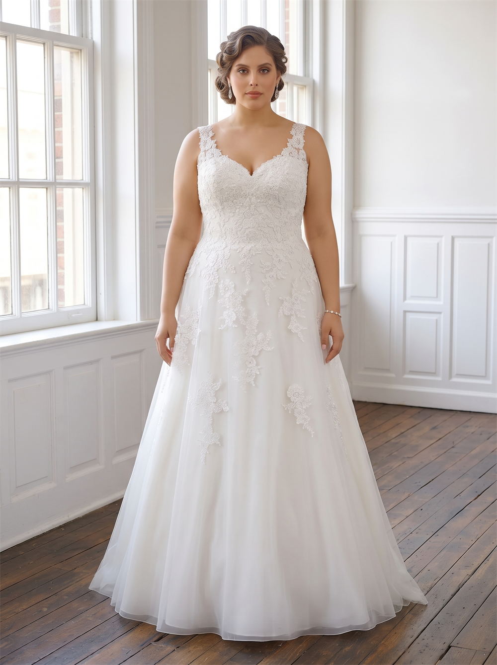 Plus Size V Neck Lace Tulle A Line Wedding Dress Heart Cutout Illusion Back Vertical Pearl Buttons Curvy Bridal Gown