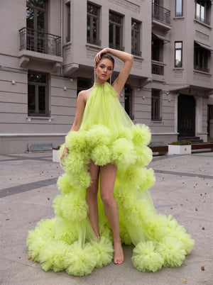 Halter Neck High Low Neon Green Tulle Prom Dress 3D Pom Pom Flowers Open Back Bow Train Evening Gown