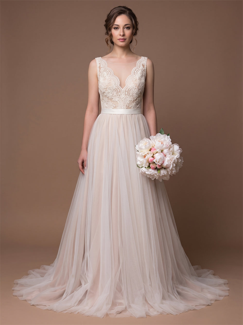 Wedding Dress Romantic Blush Tulle A Line Wedding Dress With Floral Lace Spaghetti Straps & Simple V Lace Back