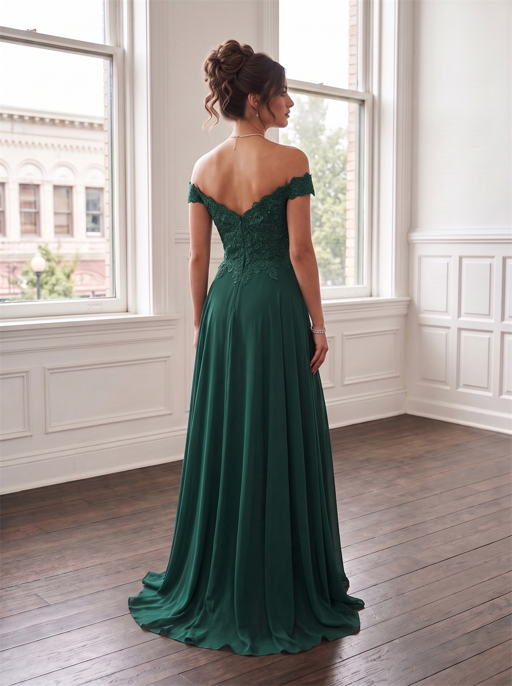 Off The Shoulder Lace Beaded Chiffon Bridesmaid Dress High Leg Slit Formal Wedding Guest Evening Gown Available In Emerald Green Burgundy