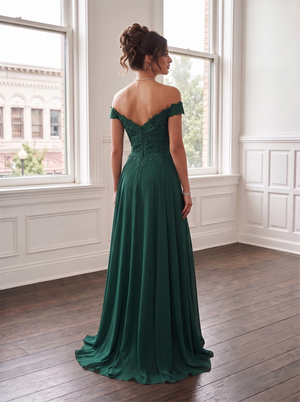 Off The Shoulder Lace Beaded Chiffon Bridesmaid Dress High Leg Slit Formal Wedding Guest Evening Gown Available In Emerald Green Burgundy