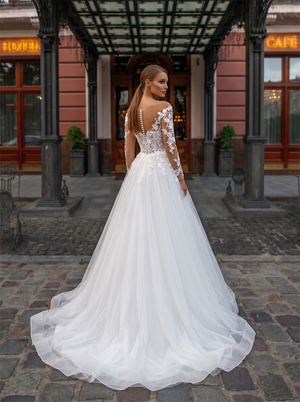 Off The Shoulder Convertible Long Sleeve Floral Lace Tulle Ball Gown Wedding Dress Illusion V Pearl Back Bridal Gown