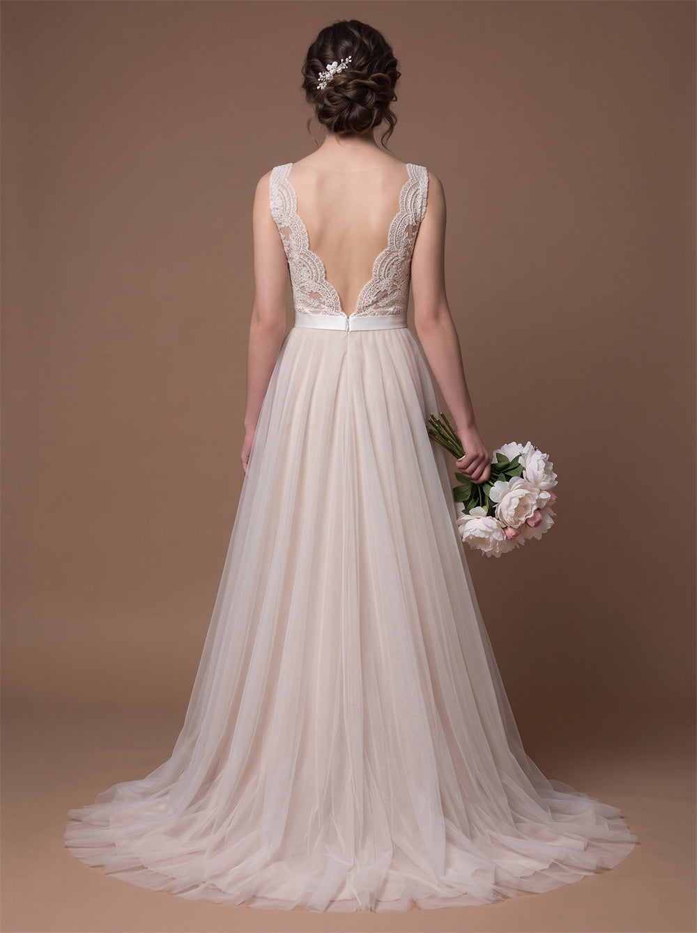 Wedding Dress Romantic Blush Tulle A Line Wedding Dress With Floral Lace Spaghetti Straps & Simple V Lace Back