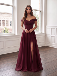 Off The Shoulder Lace Beaded Chiffon Bridesmaid Dress High Leg Slit Formal Wedding Guest Evening Gown Available In Emerald Green Burgundy