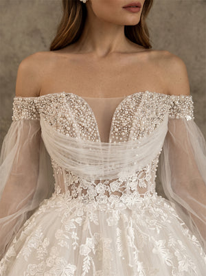 Off Shoulder Pearl Bead Floral Lace Long Puff Sleeve Glitter Tulle Ball Gown Wedding Dress Bridal Dress
