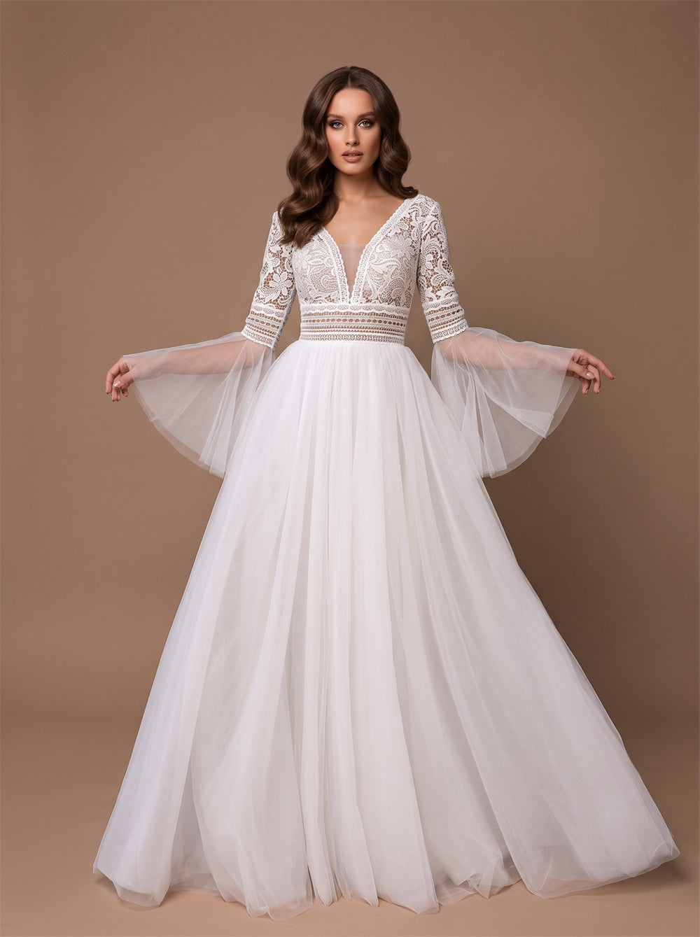 Wedding Dress Romantic Boho Tulle A Line Wedding Dress With Lace Bell 3/4 Sleeves & Sheer V Lace Back