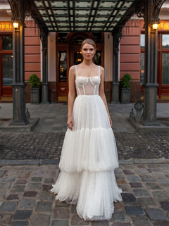 Thin Strap Pearl Beaded Mesh Corset Tiered Tulle A Line Wedding Dress Vertical Pearl Back Floor Length Bridal Gown
