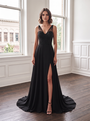 Spaghetti Strap Beaded Lace Chiffon Bridesmaid Dress Illusion V Back High Leg Slit Black Formal Wedding Guest Evening Gown