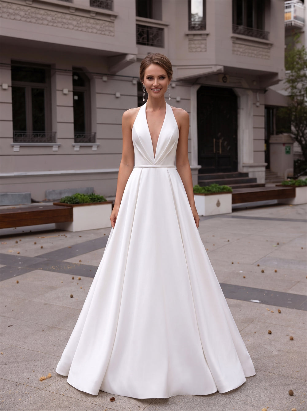 Halter Deep V Satin Wedding Dress Low Open Back A Line Minimalist Bridal Gown