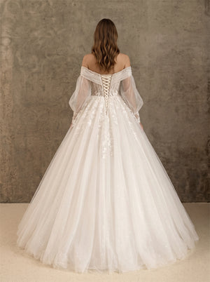 Off Shoulder Pearl Bead Floral Lace Long Puff Sleeve Glitter Tulle Ball Gown Wedding Dress Bridal Dress