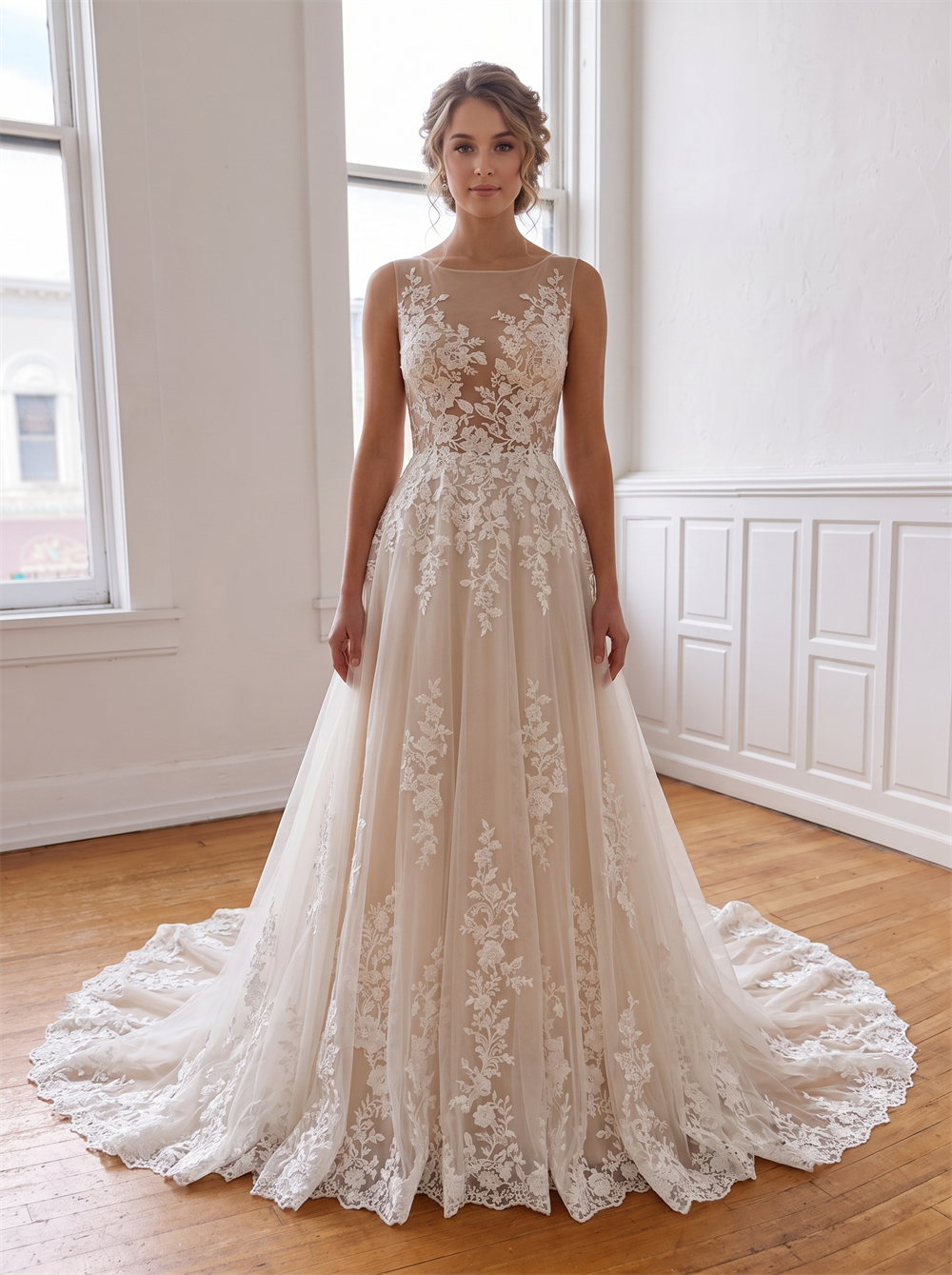 Illusion Boat Neck Floral Lace Tulle A Line Wedding Dress Champagne Lining Keyhole Cutout Back Boho Bridal Gown