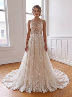 Illusion Boat Neck Floral Lace Tulle A Line Wedding Dress Champagne Lining Keyhole Cutout Back Boho Bridal Gown