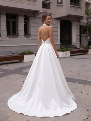 Halter Deep V Satin Wedding Dress Low Open Back A Line Minimalist Bridal Gown
