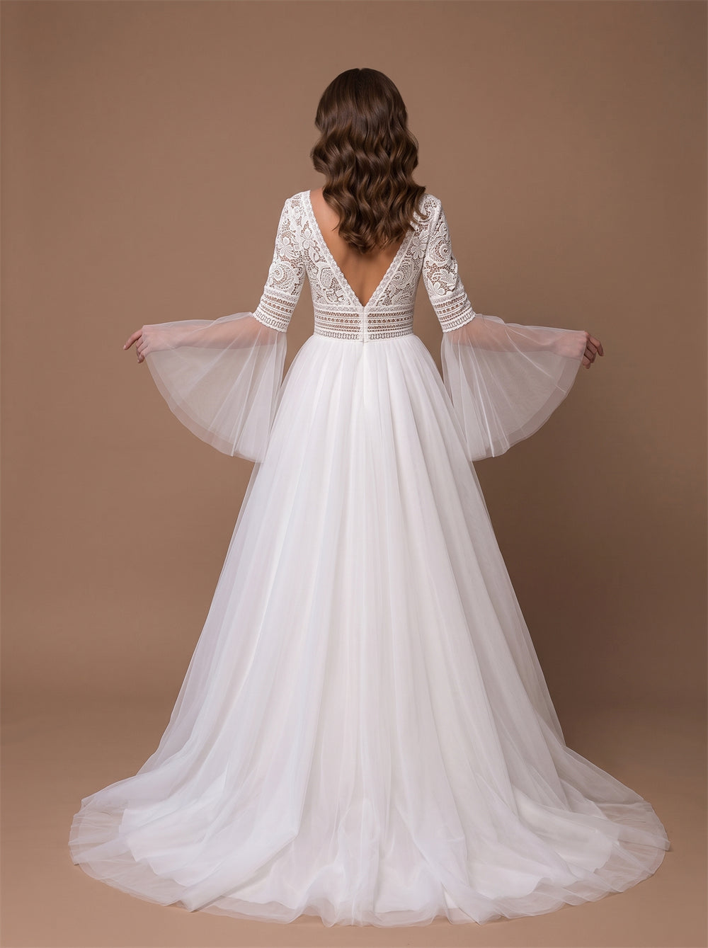 Wedding Dress Romantic Boho Tulle A Line Wedding Dress With Lace Bell 3/4 Sleeves & Sheer V Lace Back