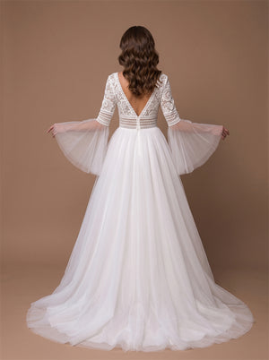 Wedding Dress Romantic Boho Tulle A Line Wedding Dress With Lace Bell 3/4 Sleeves & Sheer V Lace Back