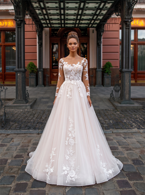 Illusion Neck Long Sleeve Floral Lace Champagne Tulle Ball Gown Pearl Back Wedding Dress