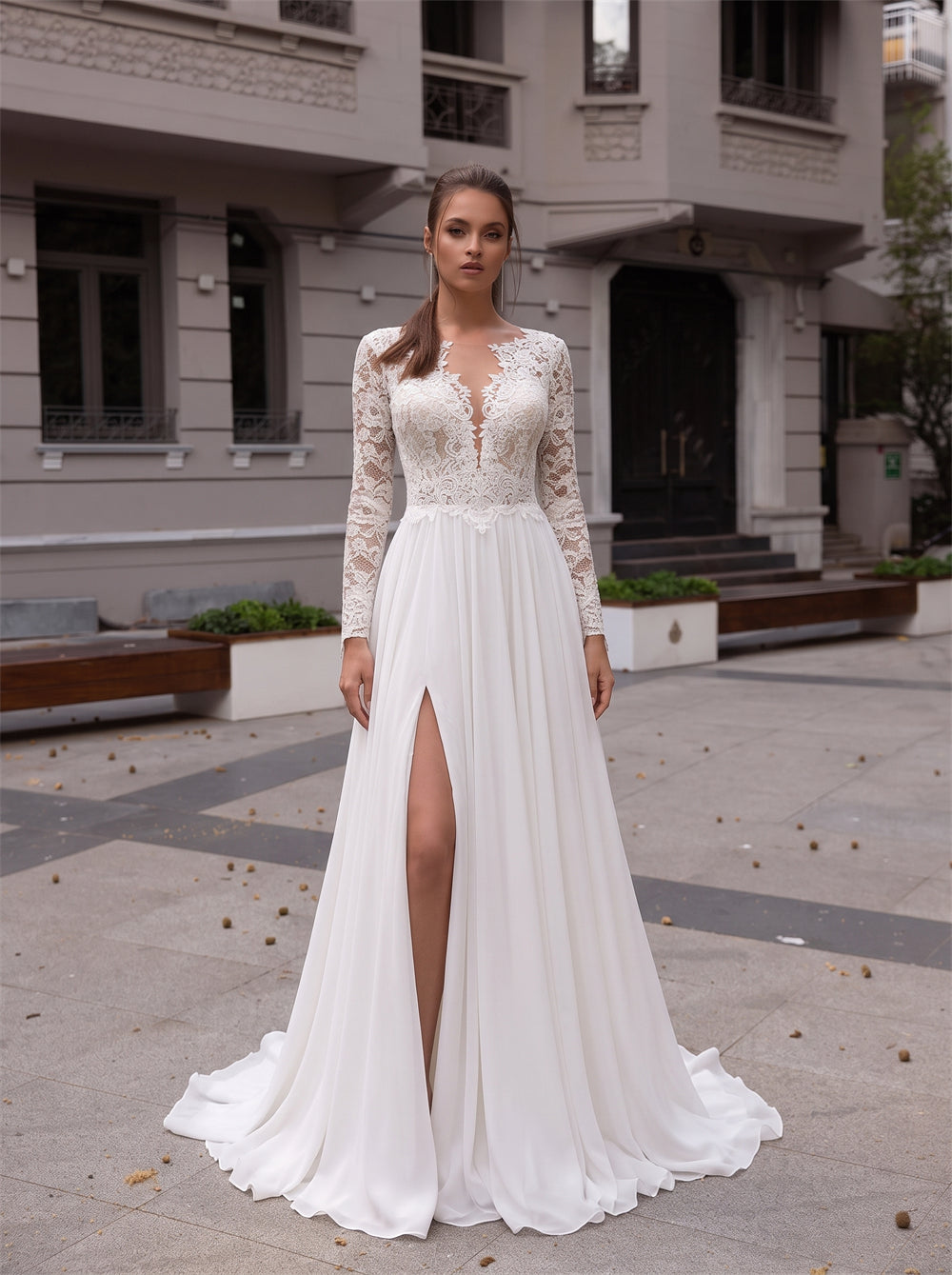 Long Sleeve Floral Lace Chiffon Wedding Dress Front Slit Illusion Back Pearl Button A Line Bridal Gown