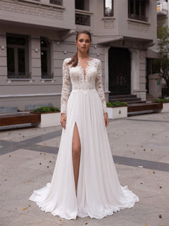 Long Sleeve Floral Lace Chiffon Wedding Dress Front Slit Illusion Back Pearl Button A Line Bridal Gown
