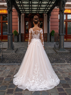 Illusion Neck Long Sleeve Floral Lace Champagne Tulle Ball Gown Pearl Back Wedding Dress
