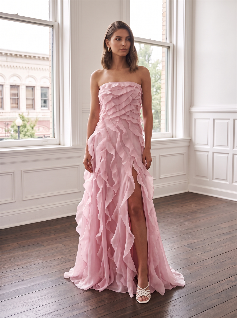 Strapless Tiered Ruffled Chiffon Bridesmaid Dress High Leg Slit Blush Pink Formal Wedding Guest Evening Gown
