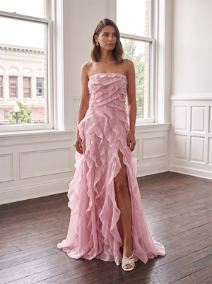 Strapless Tiered Ruffled Chiffon Bridesmaid Dress High Leg Slit Blush Pink Formal Wedding Guest Evening Gown