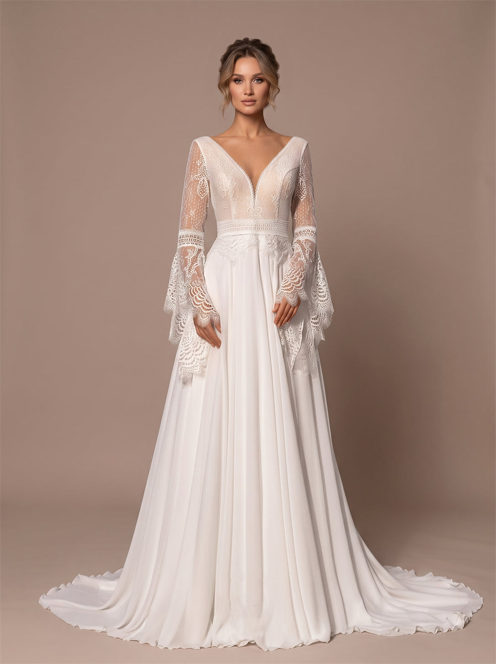 Wedding Dress Romantic Boho Chiffon A Line Wedding Dress With Lace Bell Long Sleeves & Deep V Lace Back