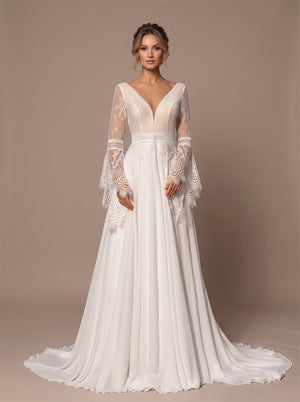 Wedding Dress Romantic Boho Chiffon A Line Wedding Dress With Lace Bell Long Sleeves & Deep V Lace Back