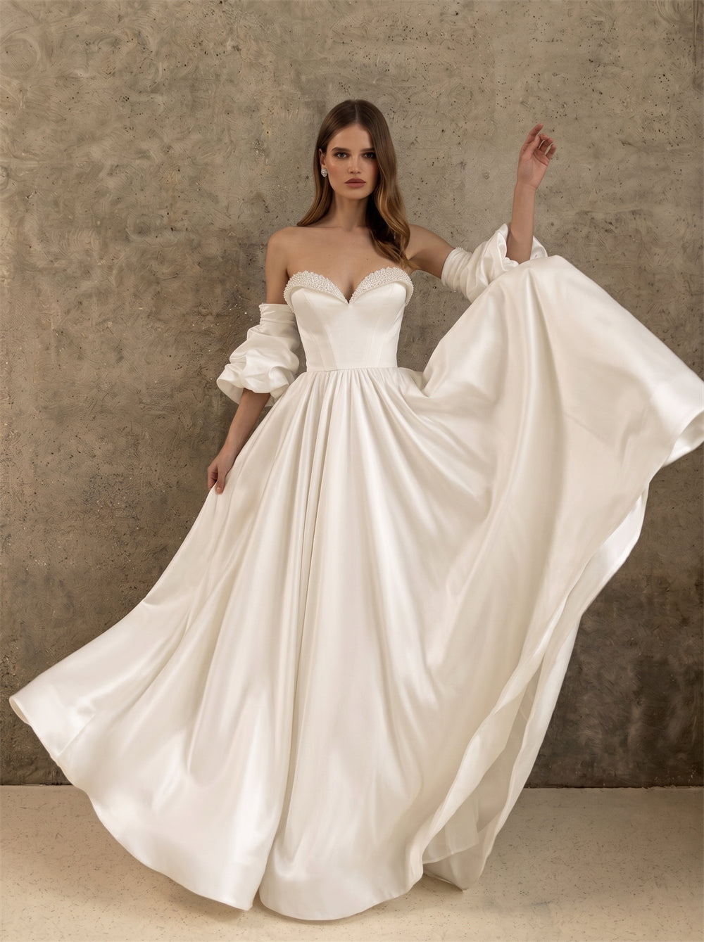 Off Shoulder Detachable Puff Sleeve Pearl Sweetheart Satin A Line Wedding Dress Bridal Dress