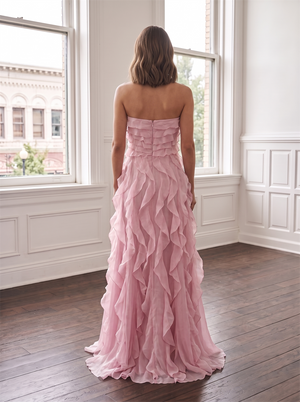 Strapless Tiered Ruffled Chiffon Bridesmaid Dress High Leg Slit Blush Pink Formal Wedding Guest Evening Gown