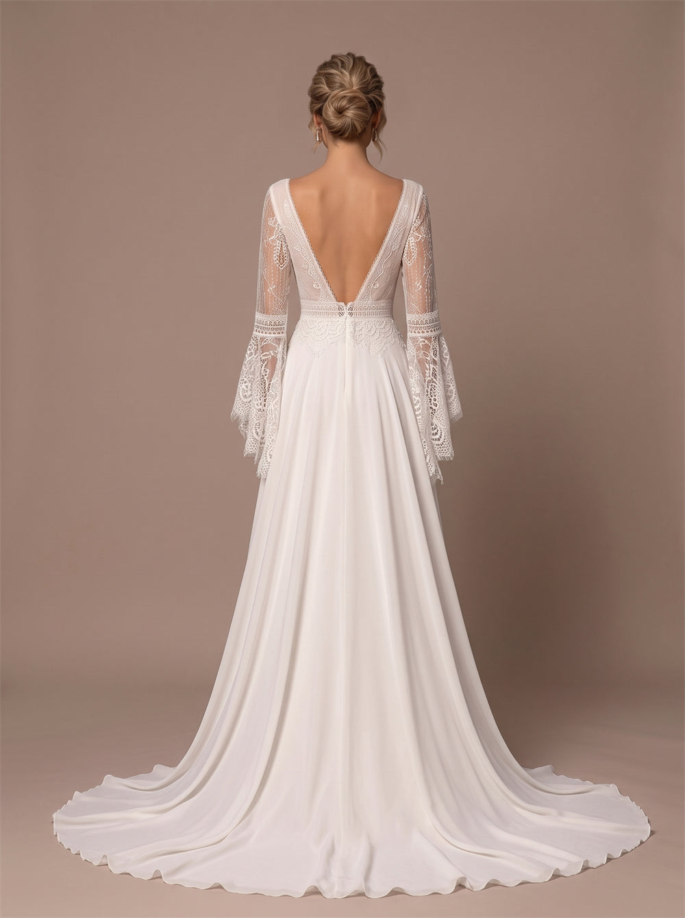 Wedding Dress Romantic Boho Chiffon A Line Wedding Dress With Lace Bell Long Sleeves & Deep V Lace Back