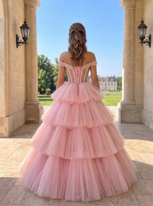 Romantic Pink Tiered Tulle Prom Dress With Beaded Off Shoulder Corset & Lace-Up Back