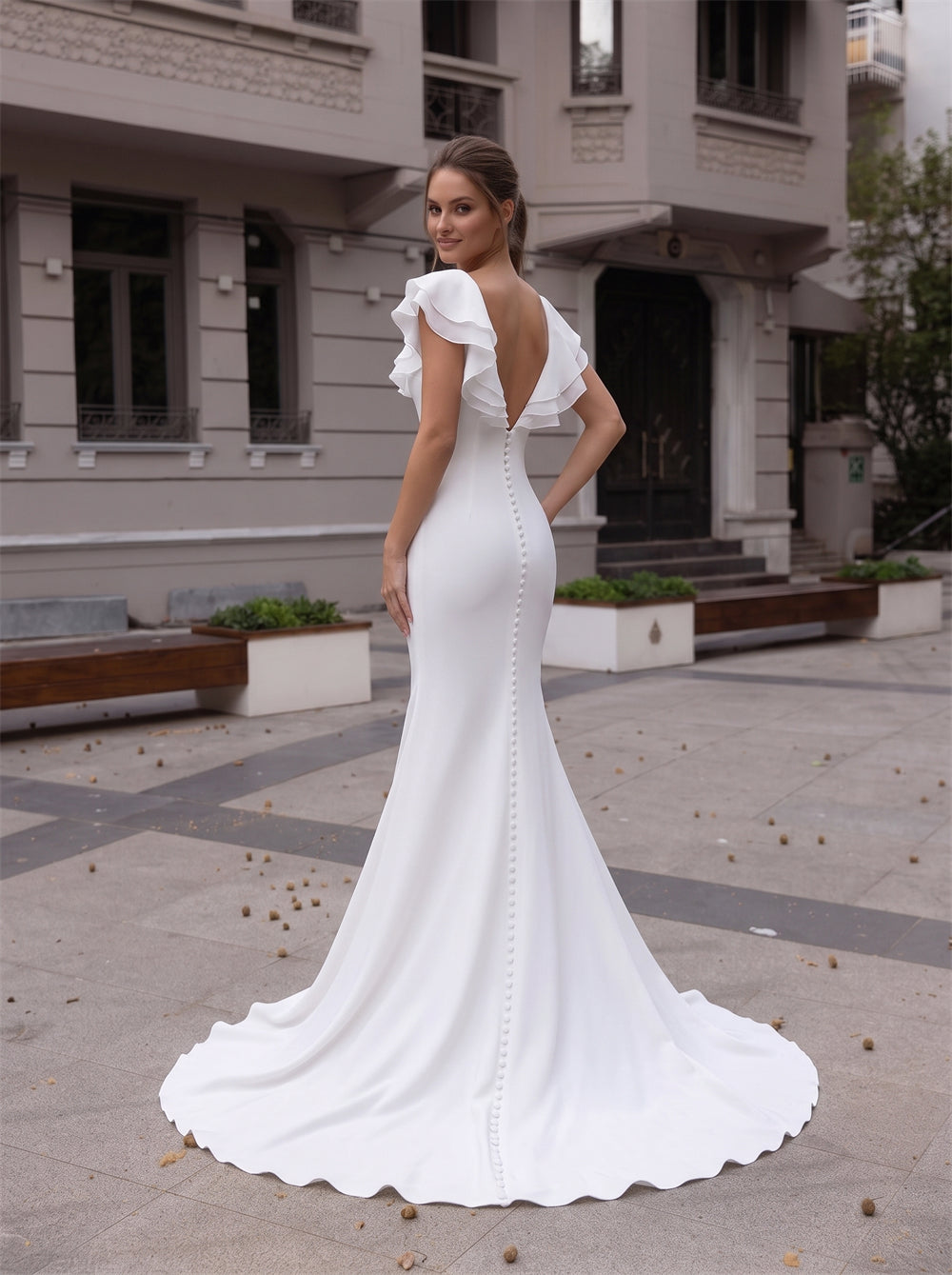 V Neck Ruffle Cap Sleeve Satin Mermaid Wedding Dress Low Open Back Vertical Pearl Button Bridal Gown